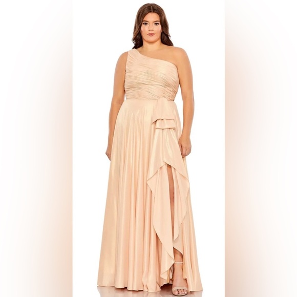 NWT Mac Duggal One Shoulder Chiffon Ruched Peach Dress 14 - Picture 1 of 9